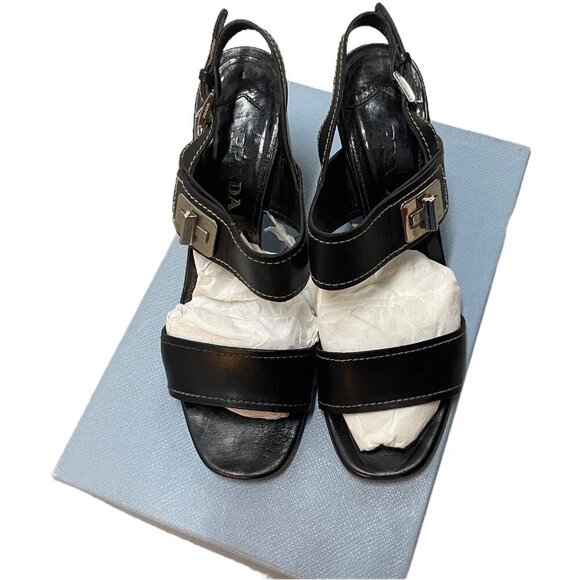Prada Size 39.5 Leather Turnlock Slingback Sandals Black Block Heel Minimalist - Picture 9 of 15